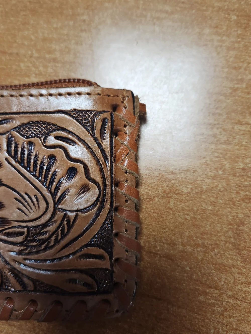 Hand-Tooled Floral Leather Cow Print Zip Coin Purse- Tan